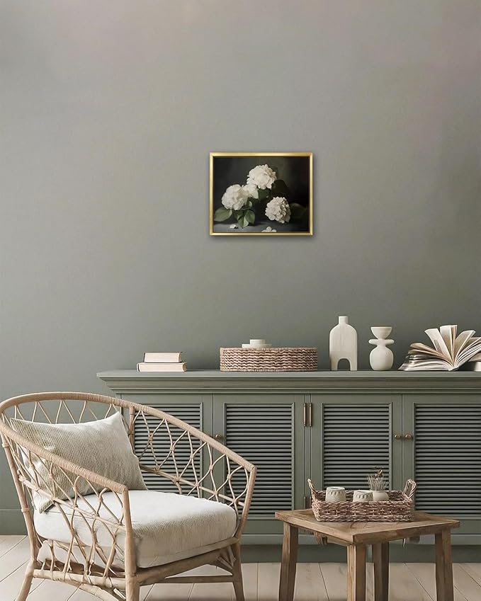 AIMAILON Vintage Gold Canvas Wall Art Framed Decor Classical Botanical Aesthetic Picture Blooming White Hydrangea Flowers Artwork Retro Light Boho Print Desktop Decoration 8x10