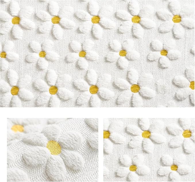Artoid Mode White Soft Plush Faux Fur Jacquard Embroidery Daisy Spring Table Runner, Kitchen Dining Table Decoration for Home Party Decor 13x36 Inch