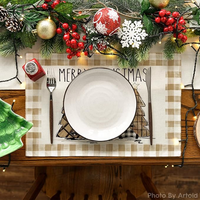 Artoid Mode Watercolor Brown Buffalo Plaid Christmas Trees Placemats Set of 4, 12x18 Inch Winter Table Mats for Party Kitchen Dining Decoration