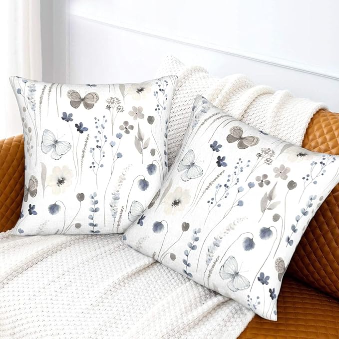 Floral Spring Pillow Covers 18x18 Inch Set of 2 Gray Blue Watercolor Herbs Throw Pillow Cover Floral Butterfly Square Pillowcase Cushion Cases for Home Couch Bed Sofa