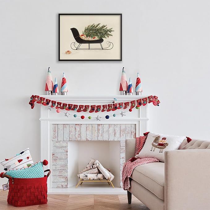 Winter Holiday Sleigh Canvas Wall Art Vintage Christmas Tree Poster Retro Botanical Pine Tree Sketch Painting Prints 16x24 inch Black Framed for Living Room Bedroom Wall Decor