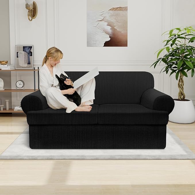 Waterproof Loveseat Cover 3-Piece Set Striped Slipcover for 2 Separate T Cushion Couch - TPU Fabric 2-Seater Sofa Covers Leakproof Couch Protector for Kids, Pets(Loveseat, Black)