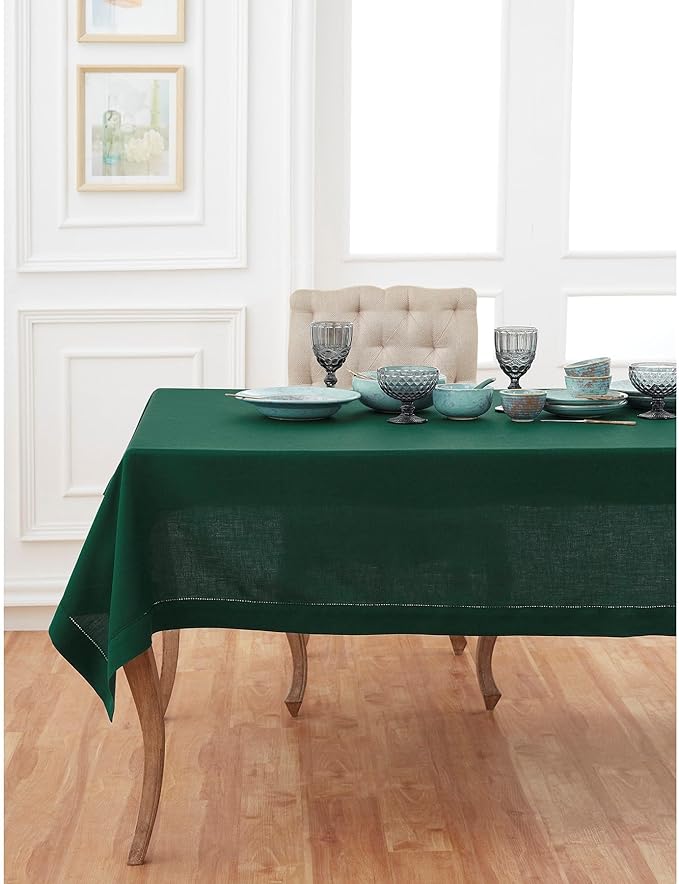 Solino Home Linen Tablecloth for Rectangle Tables 60 x 144 Inch - Classic Hemstitch 100% Pure Linen Rainforest Green Table Cloth - Machine Washable Cloth Tablecloth for Autumn, Thanksgiving, Winter