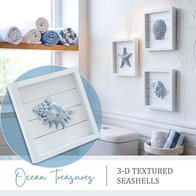 TideAndTales Blue Seashells and Starfish (Framed Set of 3) Coastal 3D Wall Art, Beach Wall Decor for Bathroom or Coastal Bedroom, Ocean Inspired Seaside Decorations for Home or Beach House (7"x7")