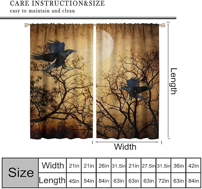 Gothic Crows Blackout Curtains, Vintage Misty Tree Dead Woodland Raven Black Crow Moonlight Retro Window Drapes, for Living Room Bedroom 27.5(W)*63(L) 2 Panels