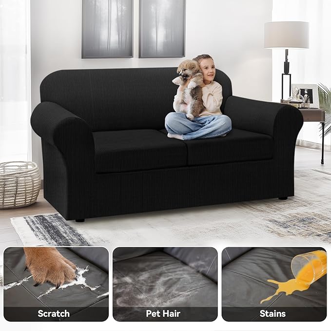 100% Waterproof Loveseat Cover 3-Piece Set Striped Loveseat Slipcovers for 2 Cushion Couch Sofa Covers with TPU Leakproof Bottom Stretch Couch Protector Pet Proof - Loveseat, Black