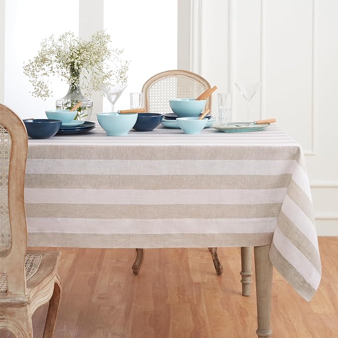 Solino Home Linen Tablecloth 60 x 120 Inch - Cabana Stripe 100% Pure Linen Natural and White Table Cloth for Rectangle Tables - Machine Washable Tablecloth for Fall, Autumn, Thanksgiving, Christmas