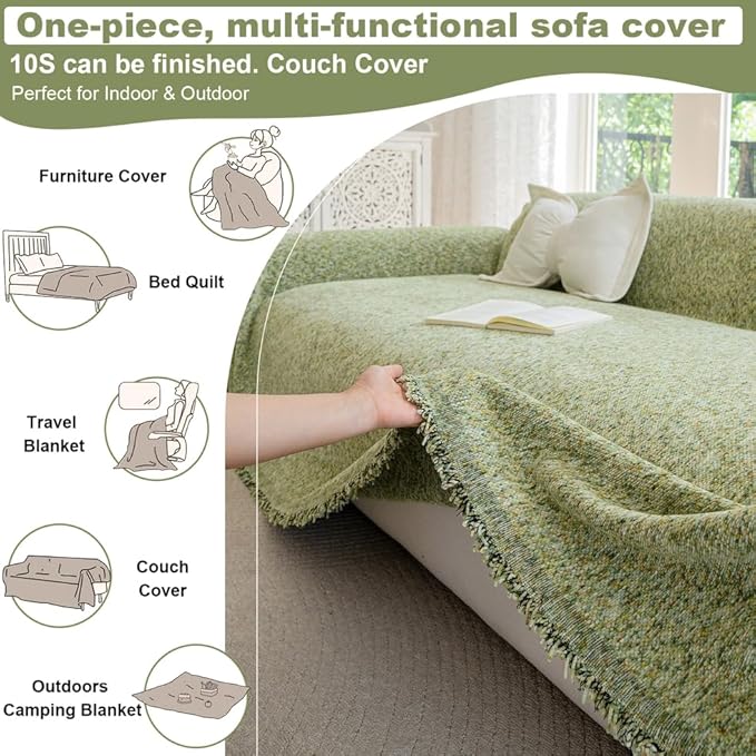 ROOMLIFE Green Sofa Cover,Couch Cover for Dogs Washable, Soft Chenille 3 Cushion Couch Covers for Sofa, Furniture Sofa Protector Loveseat Sectional Couch Throw Blankets with Tassels 71 '' X 134''