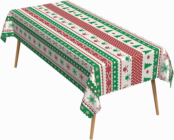 60x102 Inch Christmas Theme Rectangle Tablecloth Snowflake Decorative Ball Vintage Stripe Table Cloth Washable Durable Table Cover for Kitchen Dining Banquet Ugly Christmas Sweater Party Decor