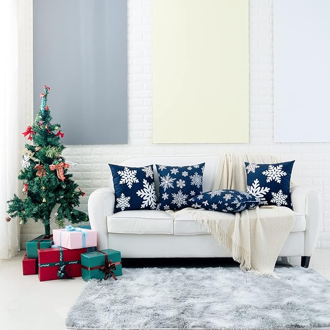 HWY 50 Dark Blue Decorative Throw Pillow Covers 20x20 Inch for Couch Sofa Living Room Bed, Soft Christmas Big and Small Snowflakes Print Throw Pillows Cases Cushion Cover Pack of 2