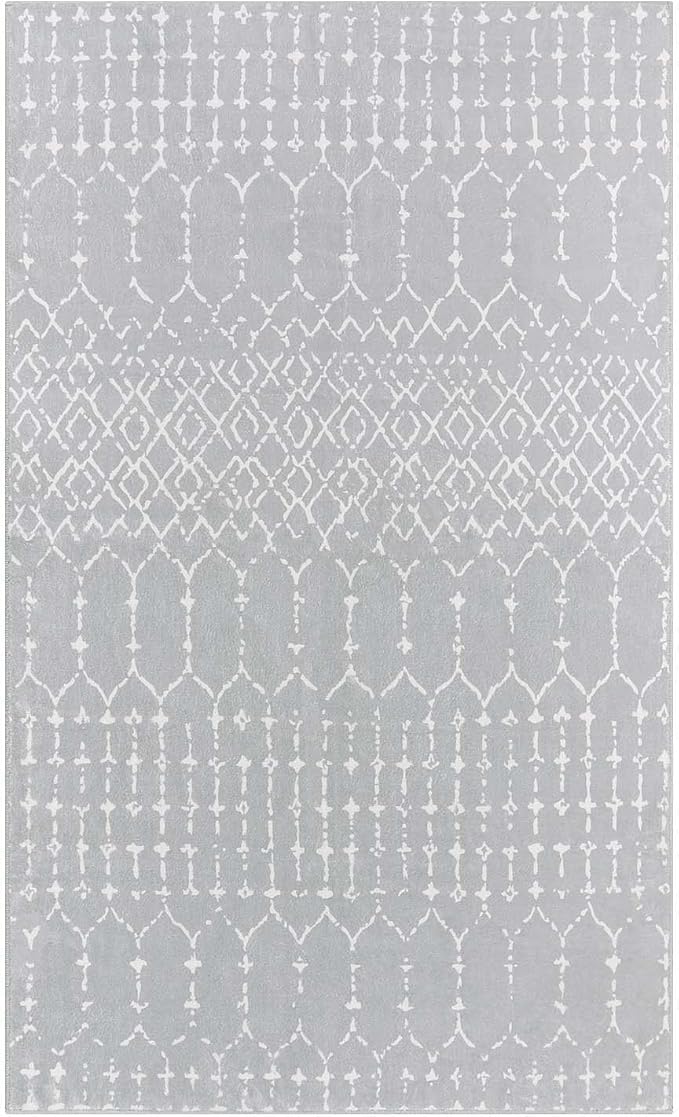 Lahome Moroccan Washable Living Room Area Rug - 3x5 Small Rugs for Bedroom Throw Non-Slip Low-Pile Entryway Rug Kitchen Rugs Soft Grey Distressed Capet for Office Bathroom Laundry Room Dining Room