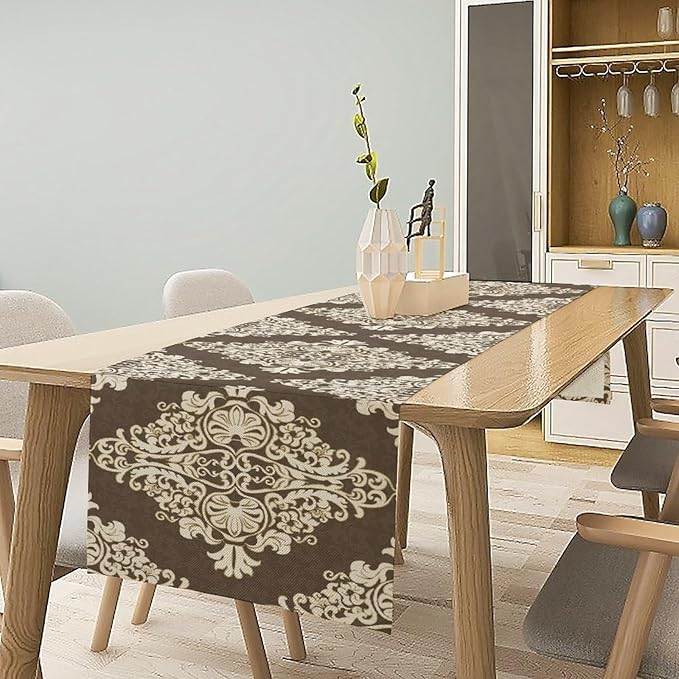 Damask Floral Pattern Table Runner,Brown Beige Distinctive Farmhouse Table Runner for Kitchen Family Dinner Table Holiday Party Farmhouse 13x60in
