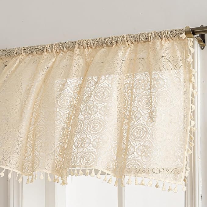 YJ YANJUN Boho Kitchen Valance Curtains Over Sink 1 Panel,W59 x L18 Inch, Vintage Lace Valance with Tassels Crochet Cafe Curtains 18 inch Length for Bathroom Basement Rod Pocket