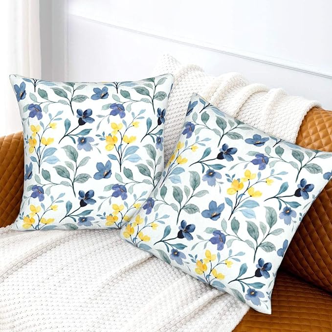 Spring Flowers Pillow Covers 18x18 Inch Set of 2 Blue and Yellow Flower Throw Pillow Cover Vintage Plant Floral Square Pillowcase Cushion Cases for Home Couch Bed Sofa