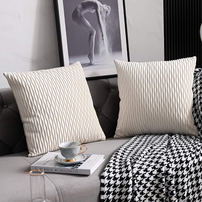 Ivory White Couch Pillow Covers: 2 Pack 16x16 Inch Original Striped Velvet Square Throw Pillow Cases for Farmhouse Home Decor