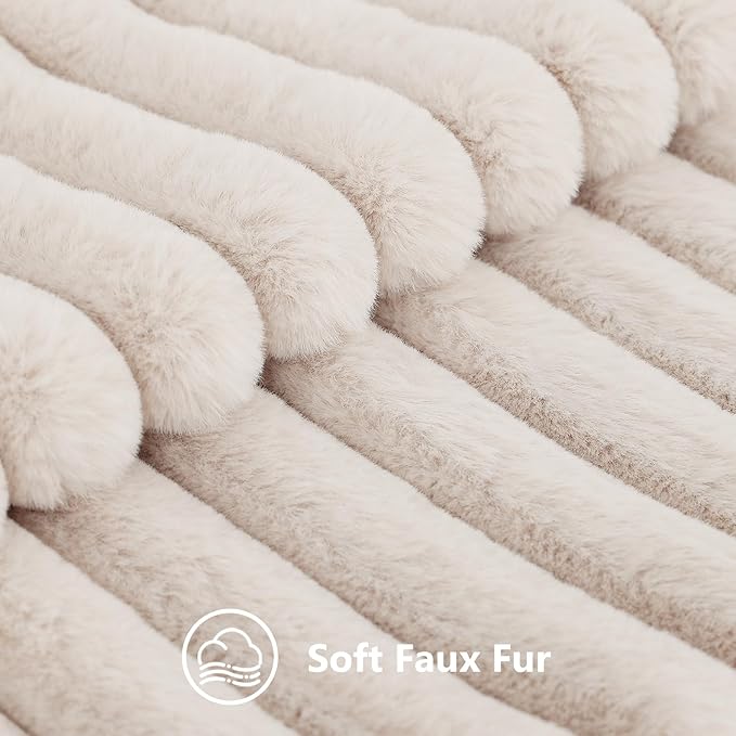 decorUhome Faux Fur Christmas Throw Pillow Covers 18x18 Set of 2, Decorative Soft Plush Striped Neutral Couch Euro Pillow Covers with Velvet Back for Sofa, Bed, Living Room Home Decor, Beige