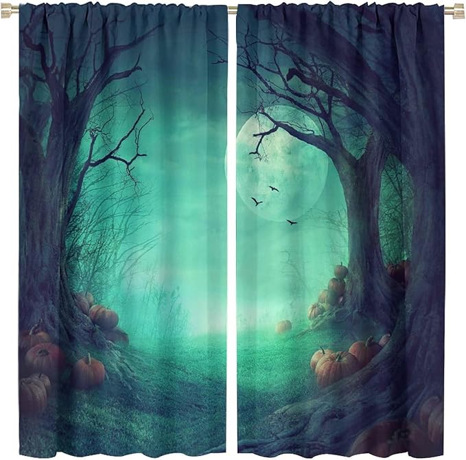 Gothic Mushroom Blackout Window Curtains, Misty Dark Black Forest Moon Halloween Window Drapes, for Living Room Bedroom 21(W)*45(L) 2 Panels