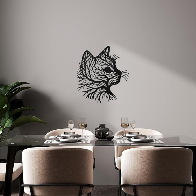 Otoolling Cat Tree Wall Art Silhouette Black Cat Wall Decor Metal Geometric Animal Art for Living Room Above TV Home Decoration, 10.2 x 10 Inch(Classic)