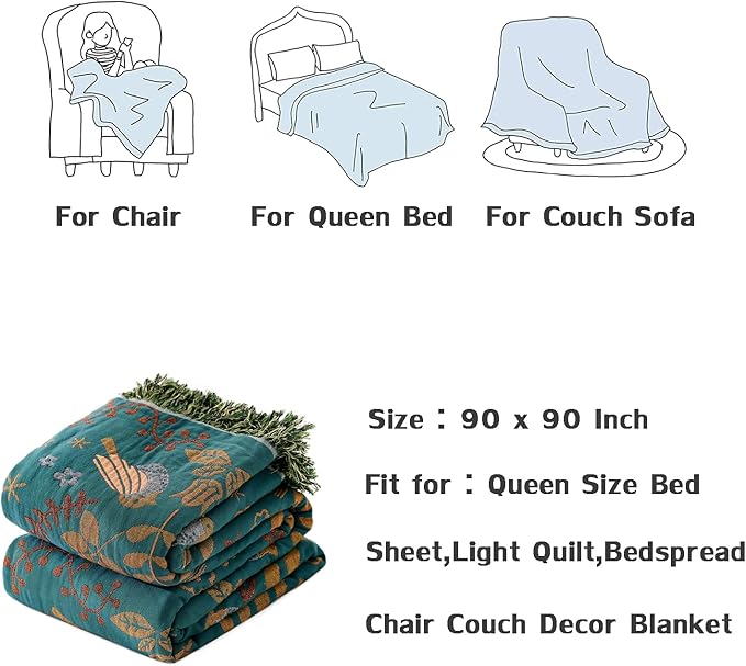 Queen Throw Blanket for Bed 100% Cotton Boho Ultra Soft Quilt Birds and Floral Double Embroidery Fall Queen Bed Blanket Bedspread,90" x 90" All Season Blankets for Bedding Couch