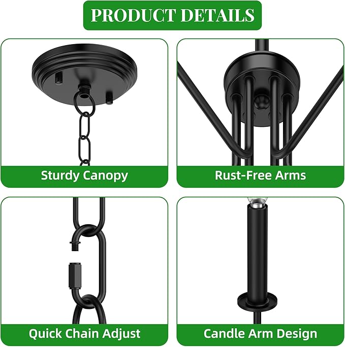 Farmhouse Chandelier, 6-Light Metal Hanging Ceiling Light Fixture for Dining Room, Kitchen Island, Living Room, Entryway, Foyer-Matte Black