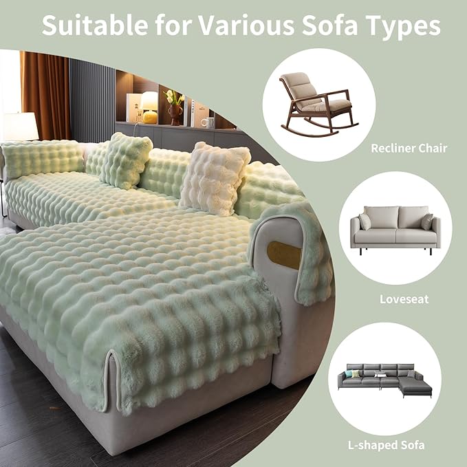 Faux Fur Couch Cover, Soft Warm Plush Sofa Couch Cover, Non Slip Sectional Sofa Slipcovers, Washable Furniture Protector for Kids, Dogs, L Shaped Armrest Backrest Covers(Green, 36"×36")