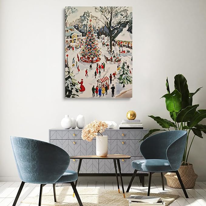 Winter Town Square Wall Art Print: Festive Christmas Scene,Christmas Village Painting,Seasonal Holiday Decor