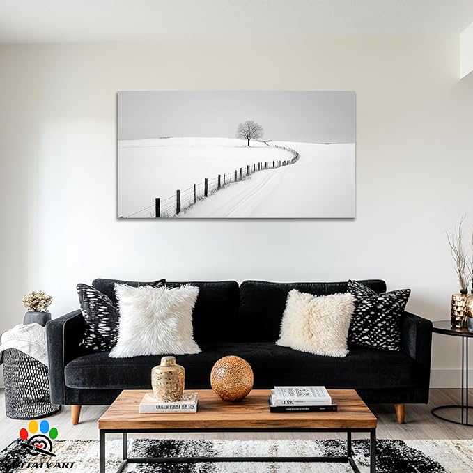 GUTTATY Christmas Winter Scene Canvas Wall Art, Snowy Farm Fence and Tree Pictures, Monochrome Print with Minimalist Artwork Style, Peaceful Posters for Living Room Bedroom Decor, 32x16 Inch