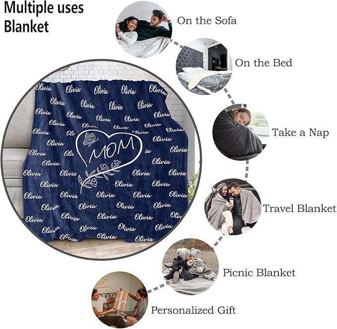 Ships Next Day, Personalized Christmas Birthday Blanket Gifts for Women, Custom Blanket with Name and Birth Month Flowers, Personalized Blankets for Adults, Throw Blanket for Mom, Grandma