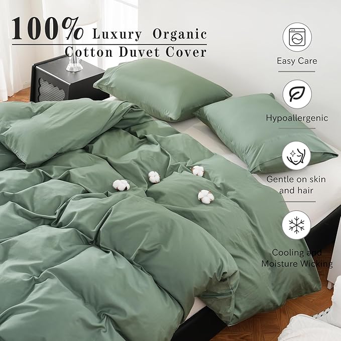 100% Organic Cotton Duvet Cover Queen Size 400 Thread Count Sateen Comforter Cover Soft and Breathable Cooling Bedding Set 3 Piece（Sage Green,Queen）