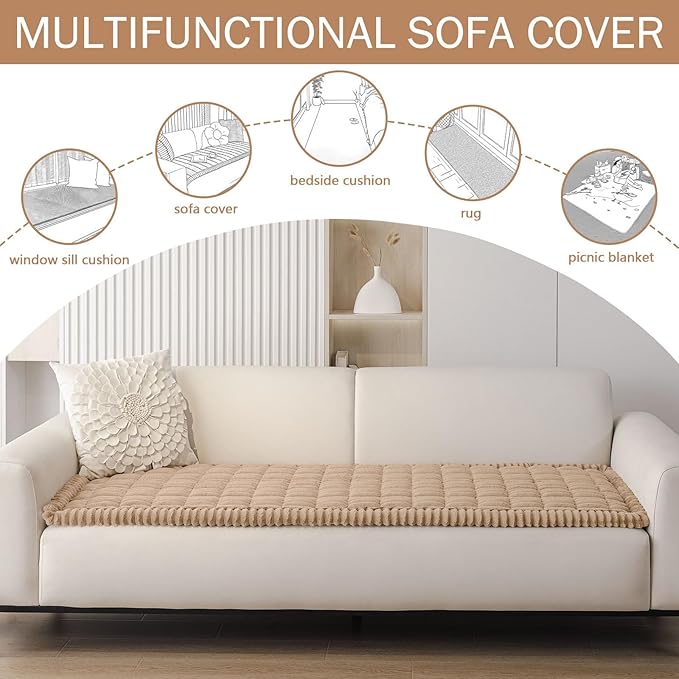 Smiry Couch Cover for Dogs Washable, Non Slip Fuzzy Pet Couch Covers for 3 Cushion Sofa Pet Friendly, Thick Soft Sofa Slipcovers Cushion Protector (Khaki, 27.6" x 82.7")