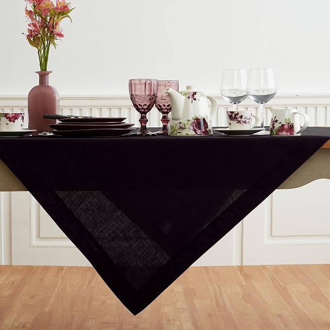 Solino Home Black Linen Tablecloth 52 x 52 Inch - 100% Pure Linen Square Table Throw - Fete, Machine Washable Table Cloth for Fall, Autumn, Winter, Thanksgiving, Christmas, Holiday