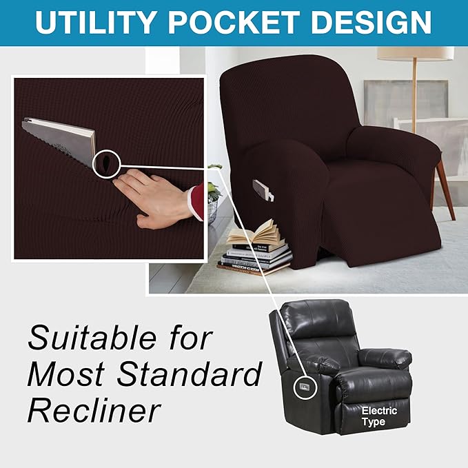 Flamingo P Stretch Recliner Chair Cover Recliner Cover for Electric/Manual Style | Furniture Cover for Reclining with Side Pocket, Soft Checked Jacquard Fabric Form Fitted Standard/Oversized - Brown