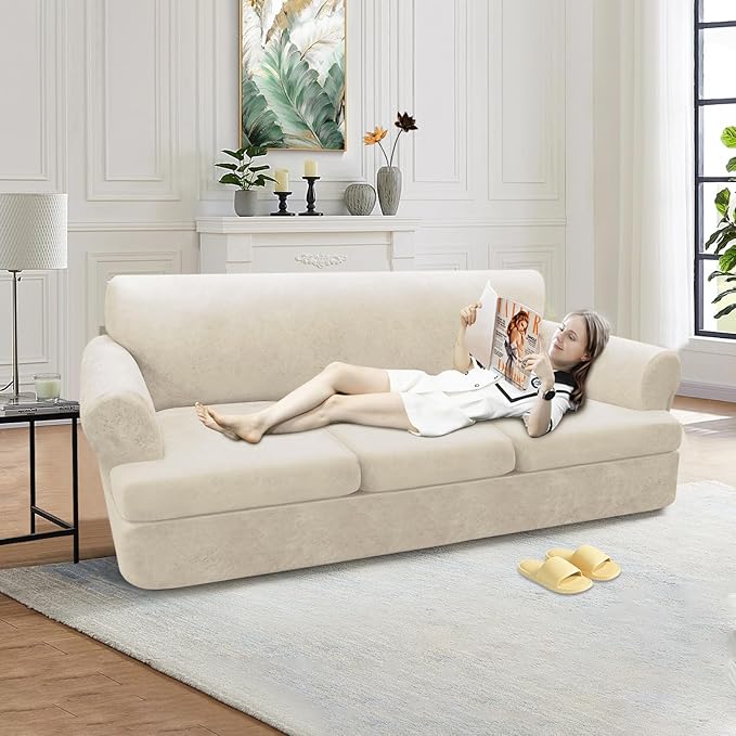 4-Pieces T Cushion Sofa Slipcovers Leather Look Couch Cover for 3 Cushion Couch Furniture Protector Stretch Sofa Cover with 3 Individual T Cushion Seat Covers Washable, Ivory
