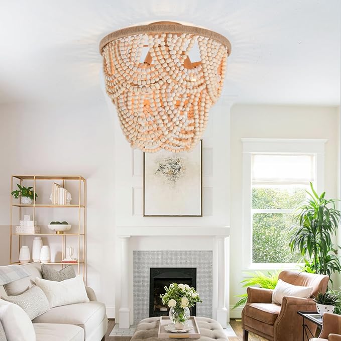 Boho Wood Beaded Chandelier Retro Vintage Antique Rustic 3 Lights Ceiling Lamp Light fixtures for Dining Room Kitchen Living Room Bedroom Foyer Office