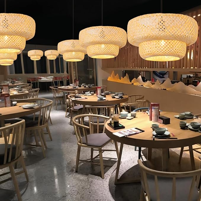 17.8 inch Farmhouse Bamboo Pendant Lighting Handmade Woven Chandelier Beige Bohemian Hanging Light Fixture for Kitchen Island Dining Room Living Room Coffee Restaurant