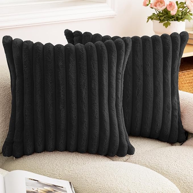 Double-Sided Faux Fur Plush Throw Pillow Covers 22x22 Set of 2 Fuzzy Striped Soft Cozy Pillowcase Luxury Decorative Pillows Square Fluffy Cushion Covers for Couch Sofa Bed,Black