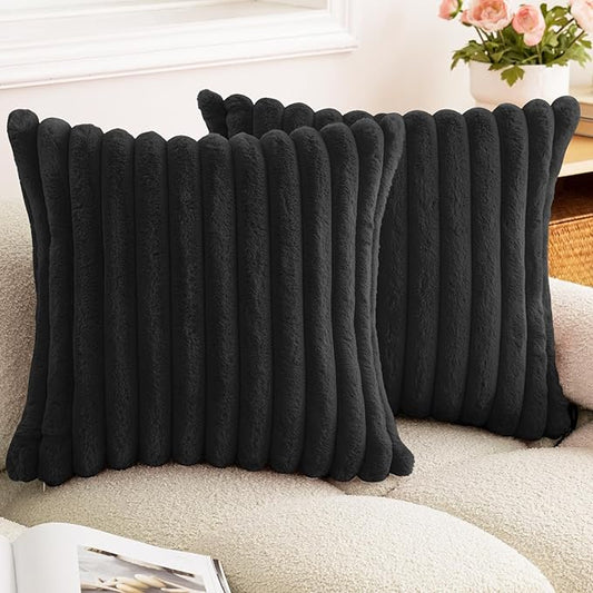 Double-Sided Faux Fur Plush Throw Pillow Covers 22x22 Set of 2 Fuzzy Striped Soft Cozy Pillowcase Luxury Decorative Pillows Square Fluffy Cushion Covers for Couch Sofa Bed,Black
