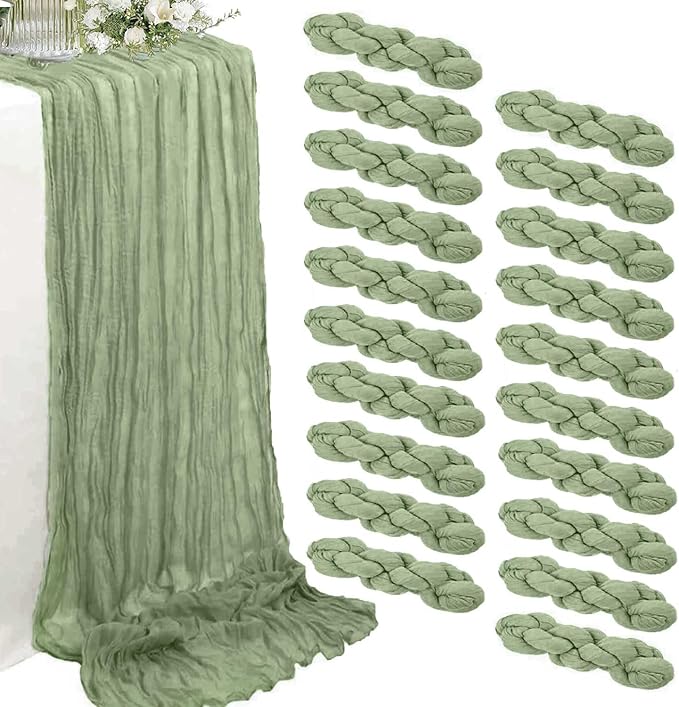 20 Pack Sage Green Cheesecloth Table Runner 35 x 71 Inch Boho Gauze Table Runners for Rustic Wedding Arch Decor, Bridal Shower, Baby Shower, Banquets, Farmhouse Party Decorations