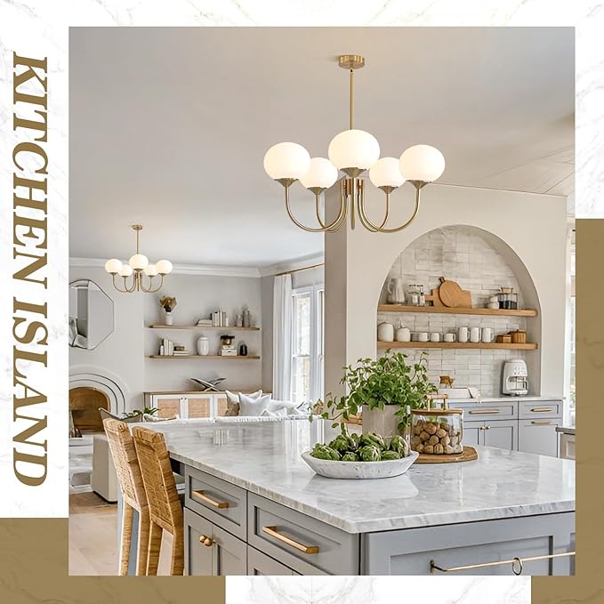 BOKT 5 Light Contemporary Milk White Glass Globe Chandelier Vintage Gold Sputnik Chandelier Light Fixture Adjustable Large Modern Brushed Brass Ball Sputnik Pendant Hanging Light Kitchen Island
