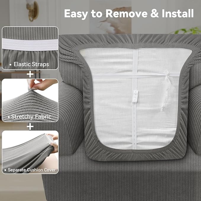 Waterproof Chair Cover with Arms 2-Piece Set Striped Slipcover for 1 Separate T Cushion Couch - TPU Fabric Armchair Covers Leakproof Couch Protector for Kids, Pets(Chair, Gray)