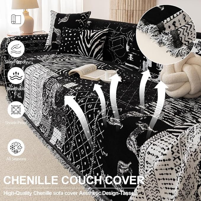 ROOMLIFE Boho Black Couch Covers for 3 Cushion Sofa, Chenille Couch Cover Sectional Sofa Cover for Dog, Washable Furniture Sofa Protector Cover Soft Blanket with Tassel for Living Room, 71 '' X 118''