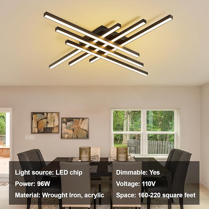 JAYMP Modern Ceiling Light with Remote, 43.3" Black Sputnik Ceiling Lamp, 96W Dimmable LED Lighting Fixture for Dining Room, Living Room, Kitchen Island, 6 Lights