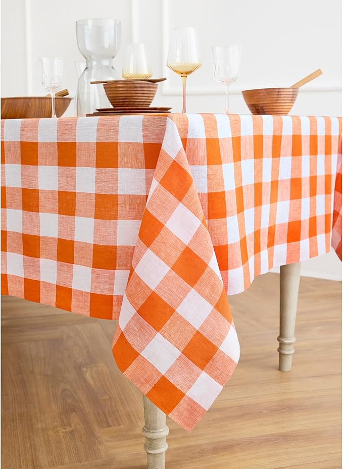 Solino Home Linen Checkered Tablecloth 60 x 90 Inch - 100% Pure Linen Pumpkin and White Buffalo Plaid Table Cloth for Rectangle Tables - Machine Washable Tablecloth for Fall, Thanksgiving
