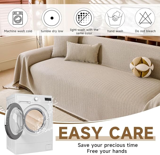 ROOMLIFE Boho Khaki Couch Covers for 3 Cushion Sofa, Couch Cover Sectional Sofa Cover for Dog, Washable Furniture Sofa Protector Cover Soft Blanket with Tassel for Living Room, 71''X118''