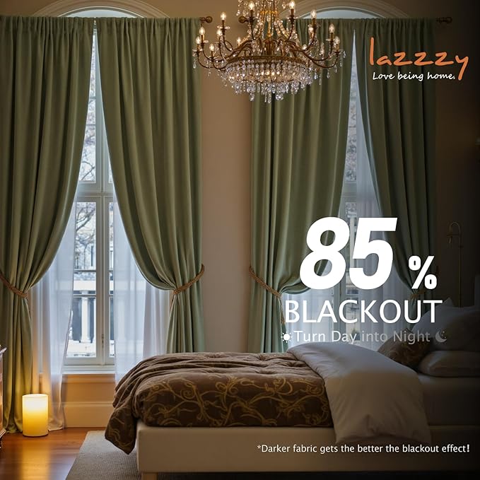 Lazzzy Velvet Blackout Curtains Green 90 Inch Long Thermal Insulated Curtain Heavy Duty Drapes Room Darkening Blackout Curtains Bedroom Window Treatment Set of 2 Panels Rod Pocket Sage