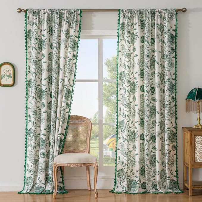 F-CHU Boho Curtains for Living Room 96 Inch Length French Country Floral Drapes Farmhouse Rustic Vintage Window Curtain Panels for Bedroom Chic Cotton Linen Closet Curtains，2 Panel