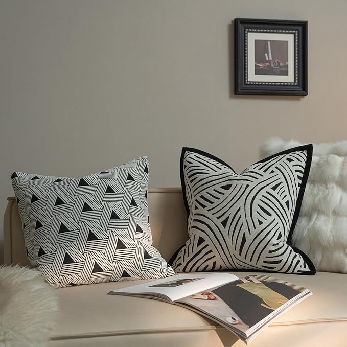 New 18x18'' inches Throw Pillow Cushion Covers - Triangle Black Color Chenille Jacquard Embroidery Luxury Modern Style Couch Sofa Bed Pillow Cover for Living Room Bedroom