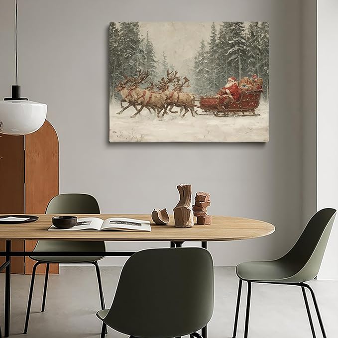 Vintage Santa Reindeer and Sleigh Wall Art Print,Christmas Prints,Rustic Holiday Reindeer Painting,Christmas Home Decor