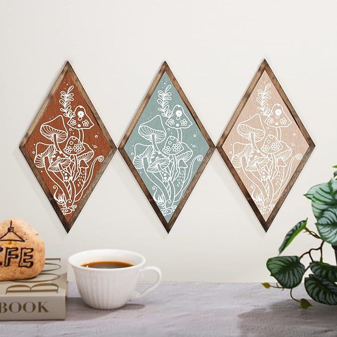 Nuenen 6 Pcs Farmhouse Home Wall Decor Western Geometric Diamond Frame Wall Hanging Boho Modern Abstract Art Prints Wooden Diamond Sign Decorations for Bedroom Living Room Bathroom(Mushroom)