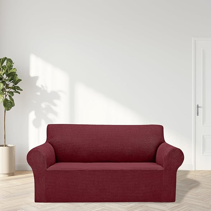 Cupuamon 2025 New Stretch Loveseat Sofa Slipcovers Couch Cover for 2 Cushion Furniture Protector Sofa Covers with Elastic Bottom Jacquard Fabric Small Checks for Pets, Kids - Dark Red